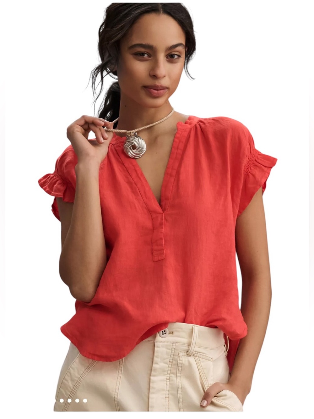 Pilcro Coral Linen-Blend Split V-Neck Ruffle Sleeve Top
